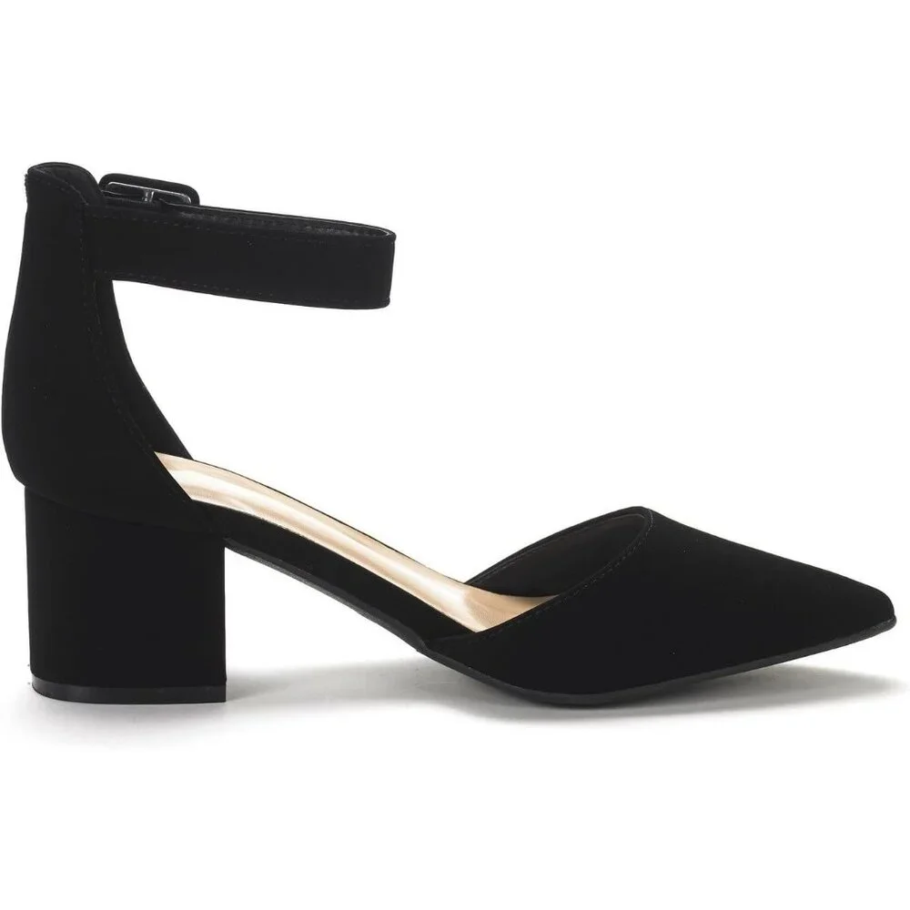 Women's Black Pointed Toe Heels with Ankle Strap 2.25 Inches Block Heel Black - Picture 5 of 6